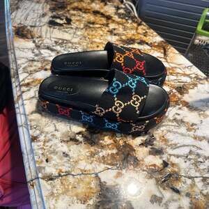 Gucci Angelina Multicolor GG Monogram Canvas Platform Slide Sandals